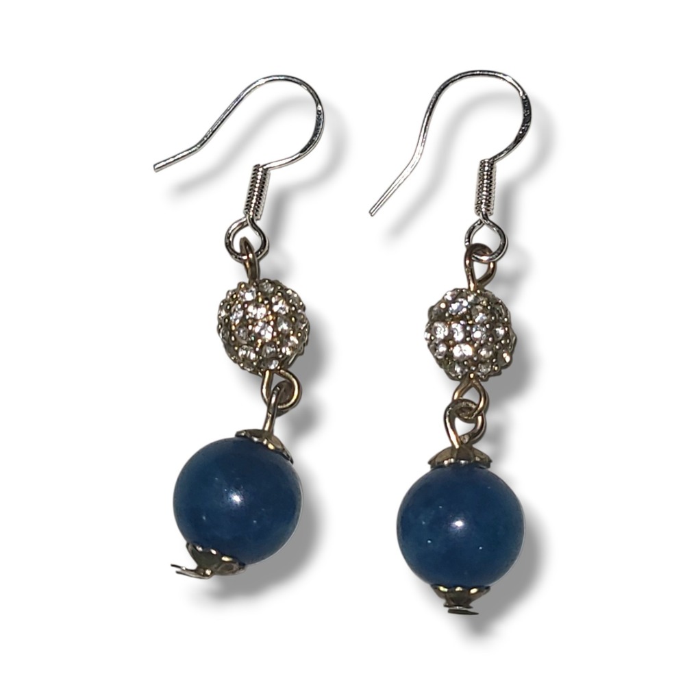 Sterling Silver 925 Blue Stone Bead‎ Rhinestone Pave Dangle Drop Earrings